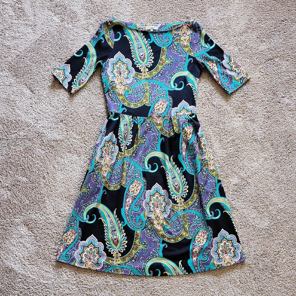 Etro Blue and Black Fit and Flare Dress with Bateau Neckline
